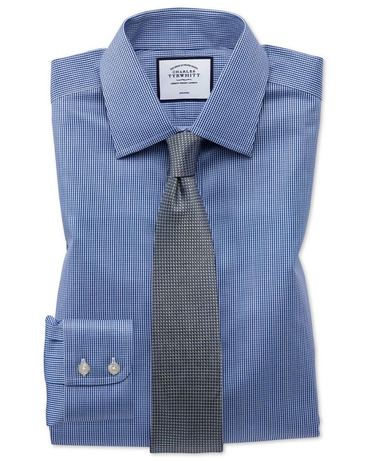  Classic Fit Non-iron Royal Blue Puppytooth Cotton Dress Shirt French Cuff Size 15/33 By Charles Tyrwhitt
