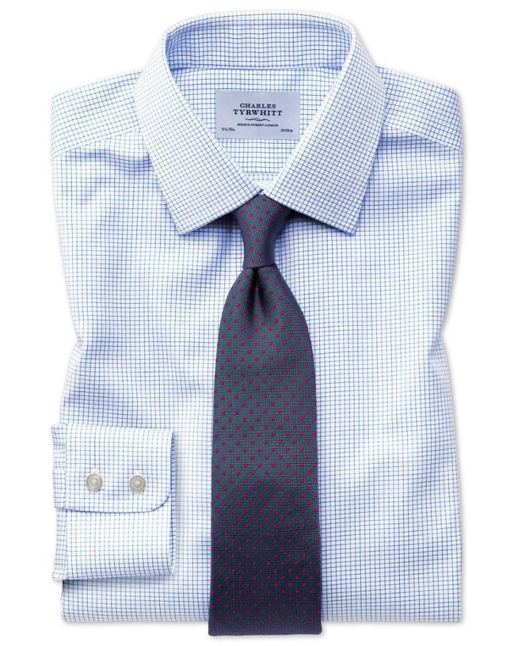 Charles Tyrwhitt Classic Fit Non-iron Twill Mini Grid Check Sky Blue Cotton Dress Casual Shirt French Cuff Size 15/33 By Charles Tyrwhitt