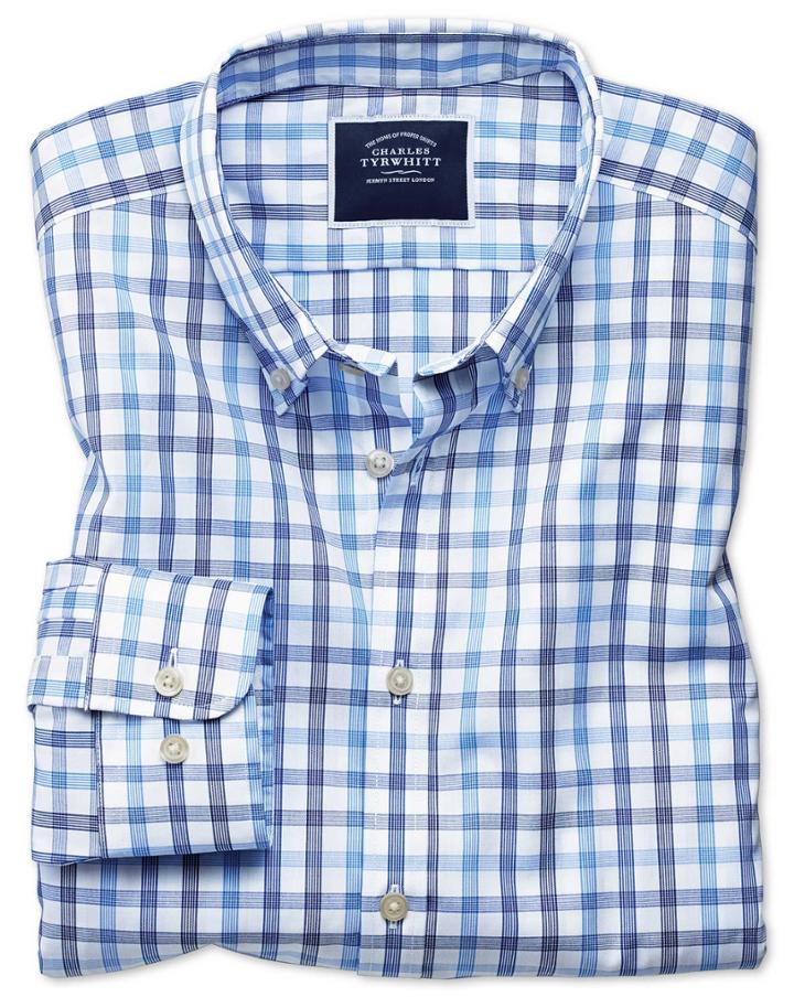  Extra Slim Fit Non-iron White And Blue Large Check Cotton Casual Shirt Single Cuff Size Xs By Charles Tyrwhitt