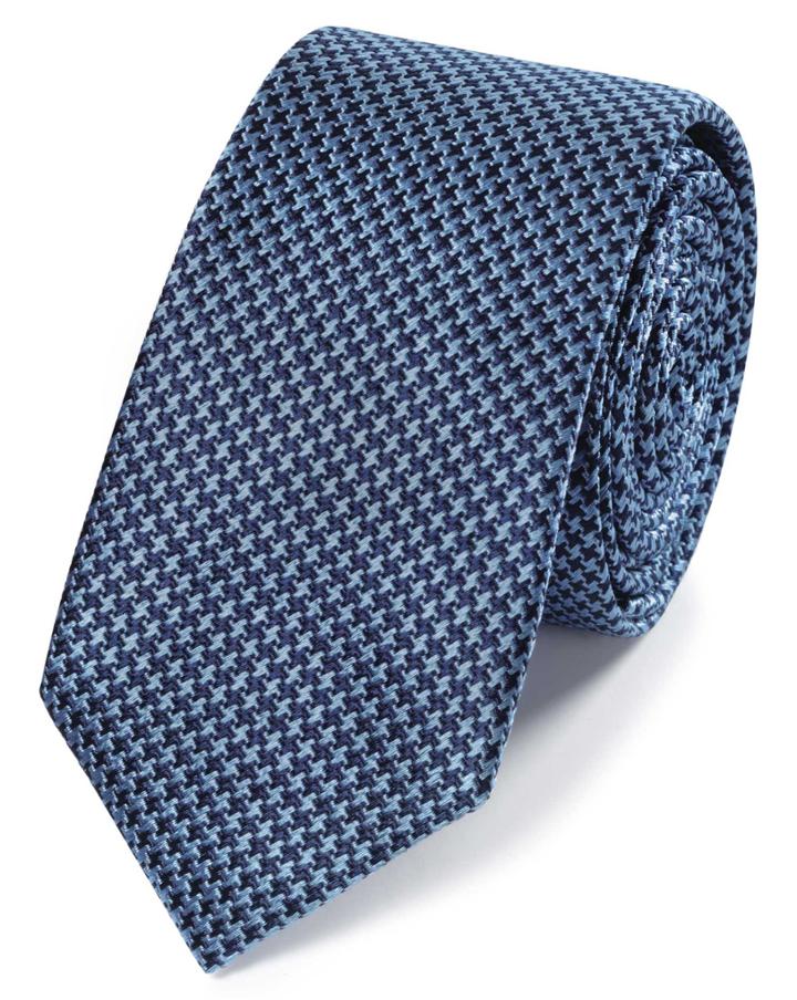  Sky Blue And Navy Mini Puppytooth Slim Silk Tie By Charles Tyrwhitt