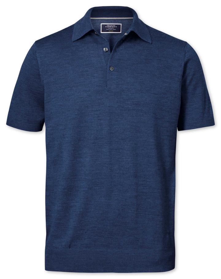  Mid Blue Merino Wool Polo Collar Short Sleeve Sweater Size Medium By Charles Tyrwhitt