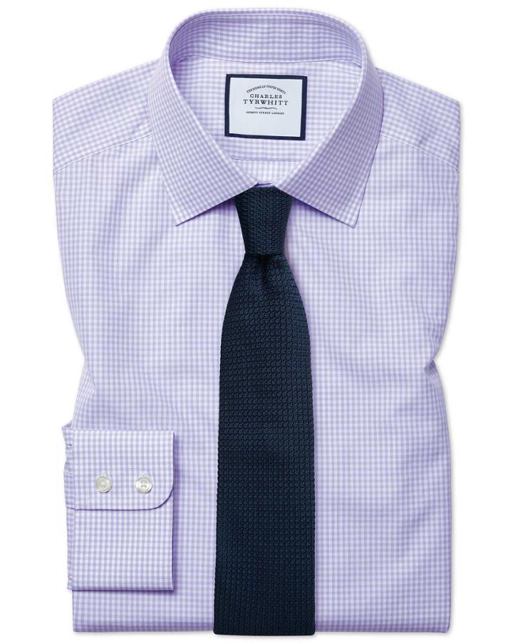  Extra Slim Fit Small Gingham Lilac Cotton Dress Shirt French Cuff Size 14.5/32 By Charles Tyrwhitt