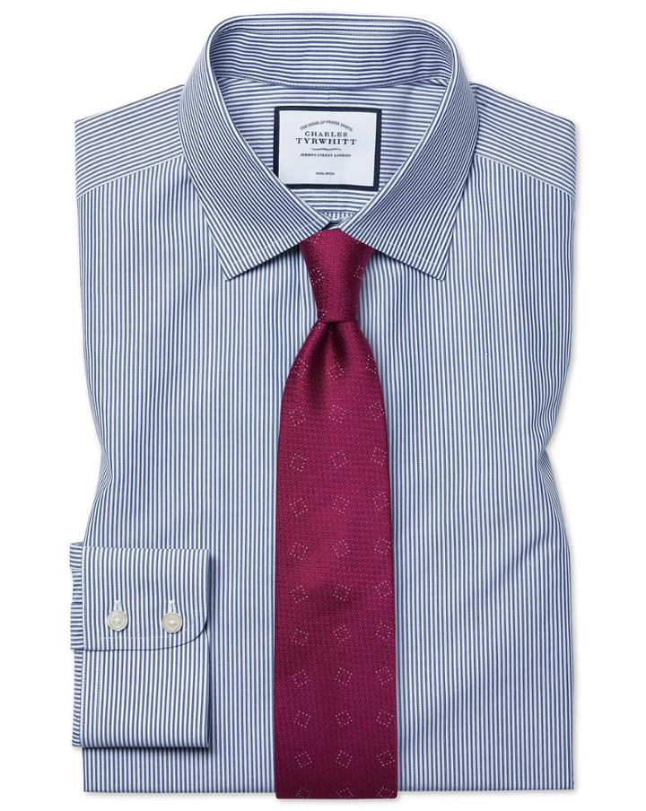  Classic Fit Non-iron Navy Bengal Stripe Cotton Dress Shirt Single Cuff Size 15/33 By Charles Tyrwhitt