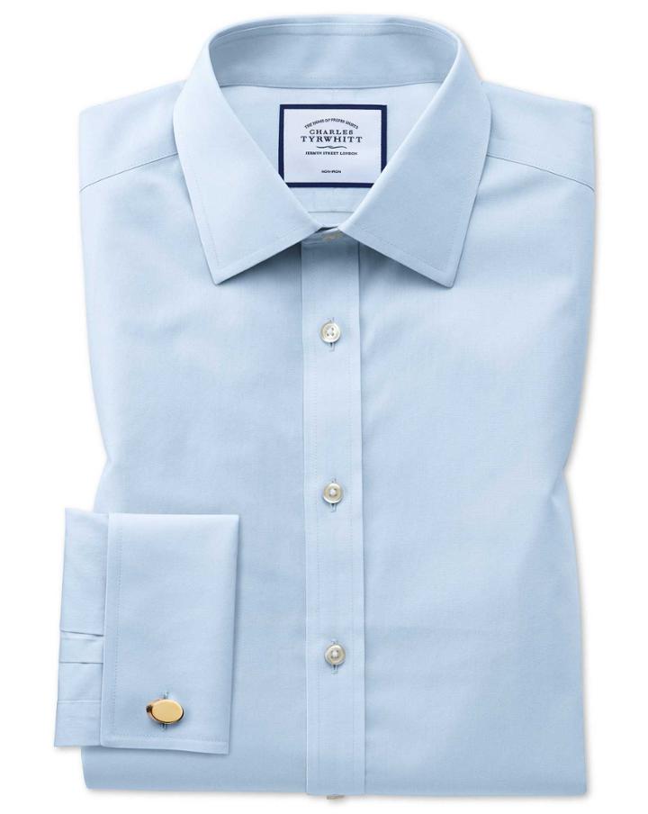  Slim Fit Non-iron Poplin Sky Blue Cotton Dress Shirt French Cuff Size 14.5/33 By Charles Tyrwhitt