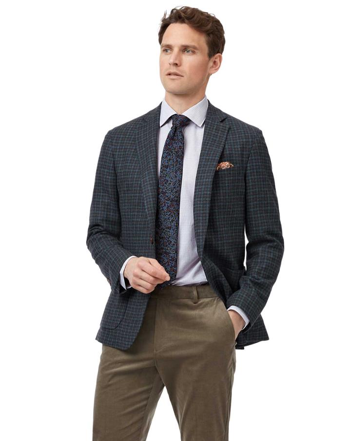  Slim Fit Grey And Teal Checkered Italian Wool Cashmere Cotton/cashmere Jacket Size 40 By Charles Tyrwhitt