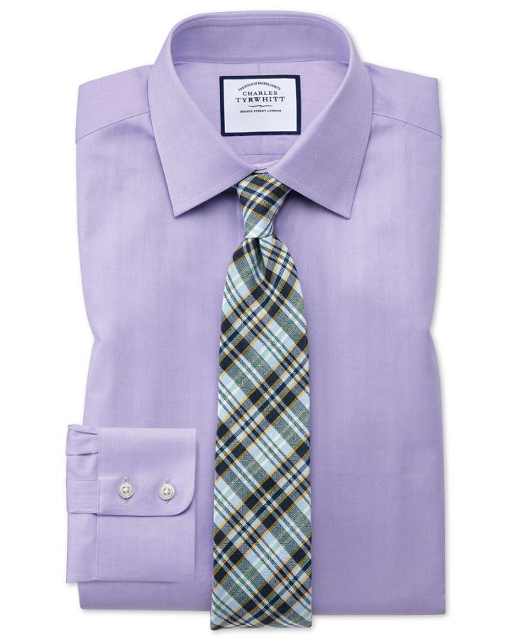  Extra Slim Fit Fine Herringbone Lilac Cotton Dress Shirt French Cuff Size 14.5/33 By Charles Tyrwhitt