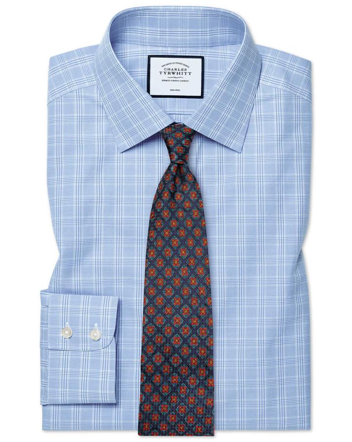  Slim Fit Non-iron Sky Blue Prince Of Wales Check Cotton Dress Shirt French Cuff Size 15/33 By Charles Tyrwhitt