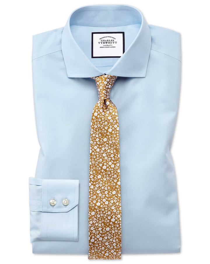  Extra Slim Fit Spread Collar Non-iron Natural Cool Sky Blue Cotton Dress Shirt Single Cuff Size 14.5/32 By Charles Tyrwhitt
