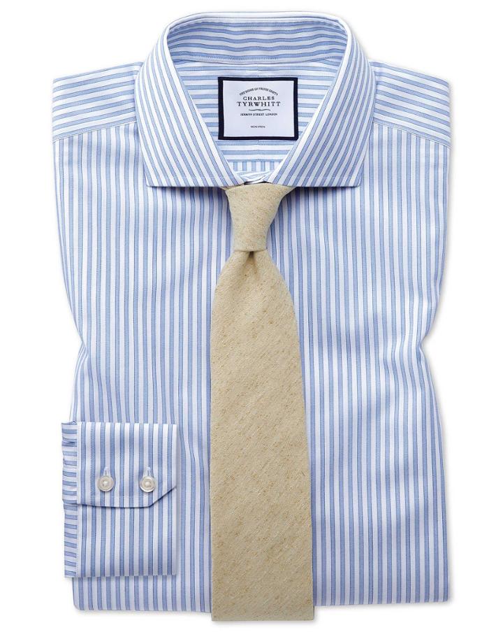  Slim Fit Non-iron Shadow Stripe Sky Blue Cotton Dress Shirt Single Cuff Size 17.5/34 By Charles Tyrwhitt