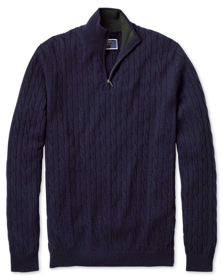  Navy Zip Neck Lambswool Cable Knit Sweater Size Large By Charles Tyrwhitt