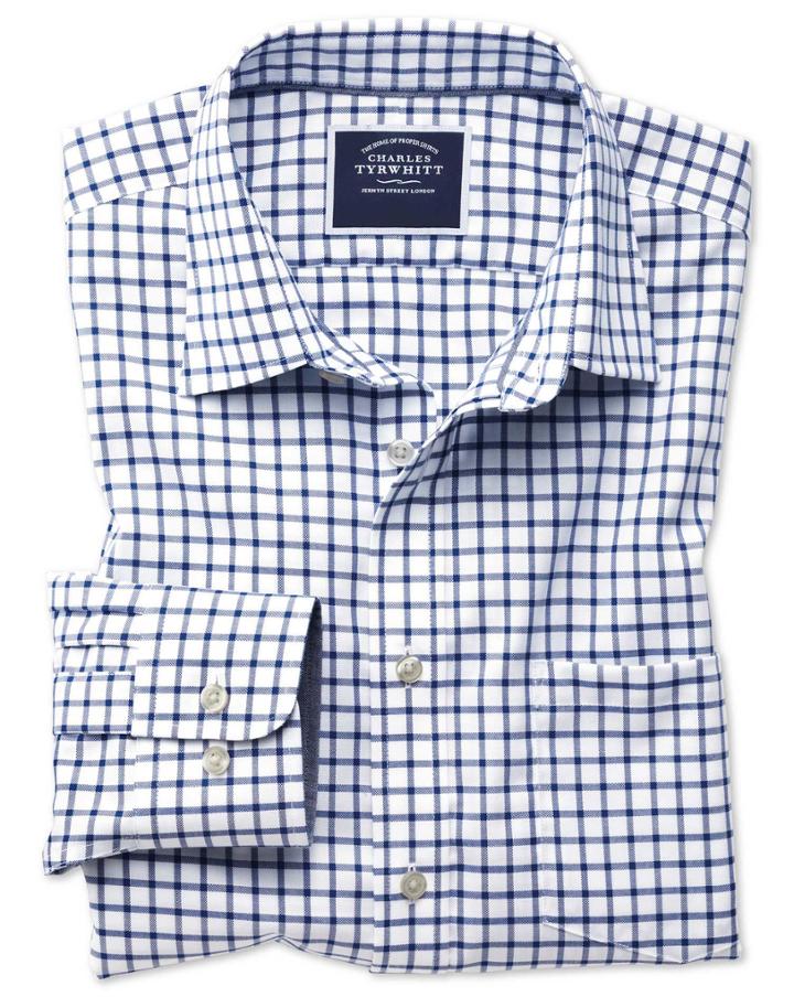Charles Tyrwhitt Slim Fit Non-iron Oxford White And Navy Grid Check Cotton Casual Shirt Single Cuff Size Large By Charles Tyrwhitt