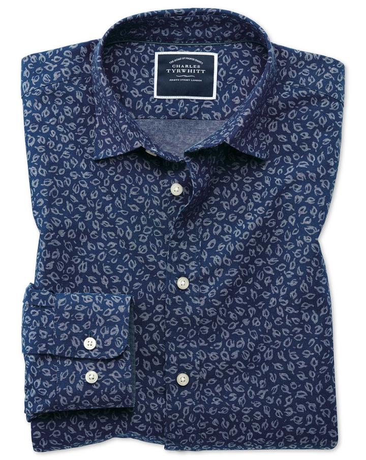  Slim Fit Leaf Print Blue Chambray Cotton Casual Shirt Single Cuff Size Xs By Charles Tyrwhitt