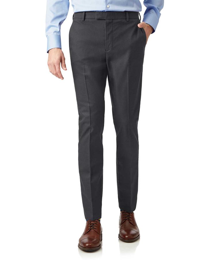  Charcoal Non-iron Stretch Textured Trousers Size W32 L32 By Charles Tyrwhitt