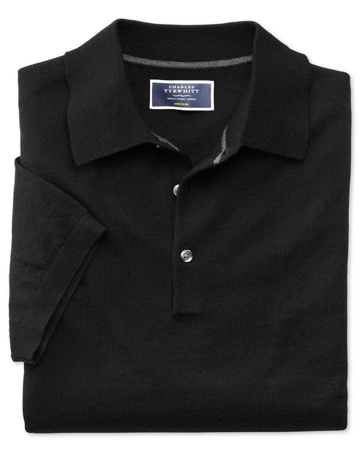  Black Merino Wool Polo Collar Short Sleeve Sweater Size Large By Charles Tyrwhitt