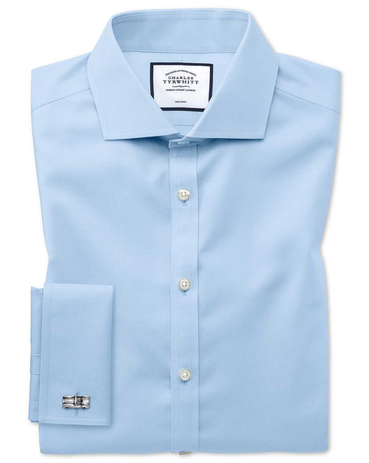  Super Slim Fit Sky Blue Non-iron Twill Cotton Dress Shirt French Cuff Size 14.5/33 By Charles Tyrwhitt