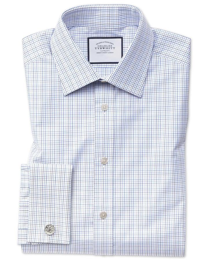  Slim Fit Blue Multi Check Egyptian Cotton Dress Shirt Single Cuff Size 14.5/32 By Charles Tyrwhitt