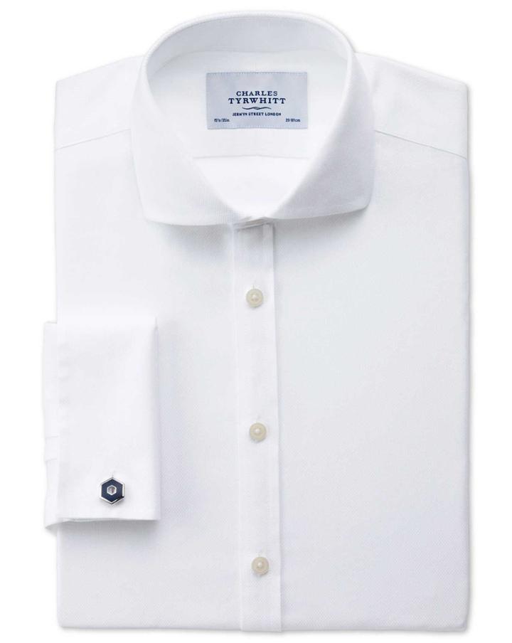 Charles Tyrwhitt Extra Slim Fit Spread Collar Non-iron Mini Herringbone White Cotton Dress Casual Shirt French Cuff Size 15/33 By Charles Tyrwhitt