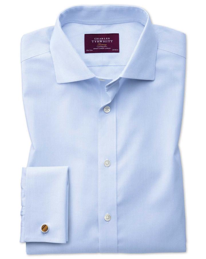 Charles Tyrwhitt Slim Fit Semi-spread Collar Non-iron Luxury Hairline Stripe Sky Blue Cotton Dress Shirt French Cuff Size 16/36 By Charles Tyrwhitt