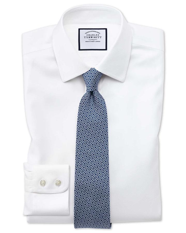  Extra Slim Fit Non-iron Step Weave White Cotton Dress Shirt Single Cuff Size 16/34 By Charles Tyrwhitt
