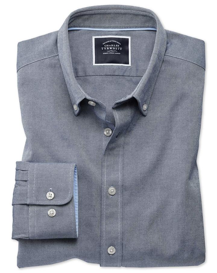  Extra Slim Fit Button-down Washed Oxford Plain Denim Blue Cotton Casual Shirt Single Cuff Size Large By Charles Tyrwhitt