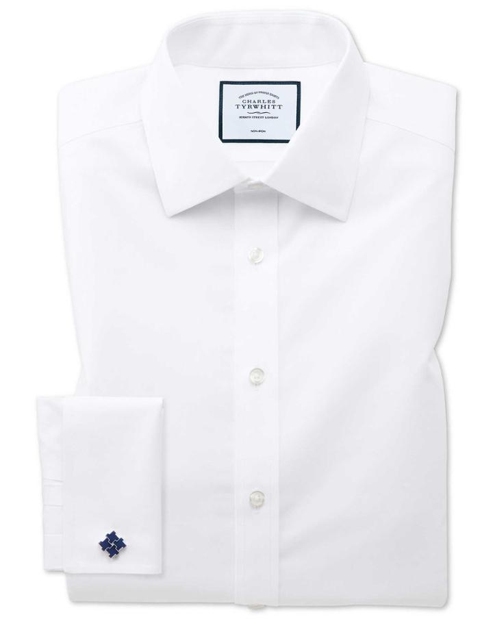  Slim Fit Non-iron Poplin White Cotton Dress Shirt French Cuff Size 14.5/33 By Charles Tyrwhitt