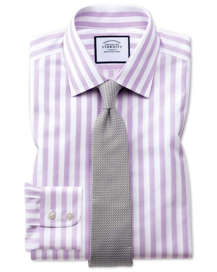 Charles Tyrwhitt Slim Fit Non-iron Jermyn Street Stripes Purple Cotton Dress Shirt Single Cuff Size 15/33 By Charles Tyrwhitt