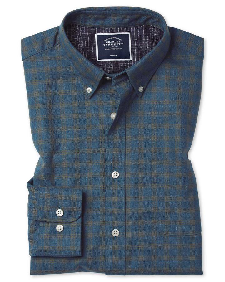  Slim Fit Teal Check Soft Wash Non-iron Twill Cotton Casual Shirt Single Cuff Size Large By Charles Tyrwhitt