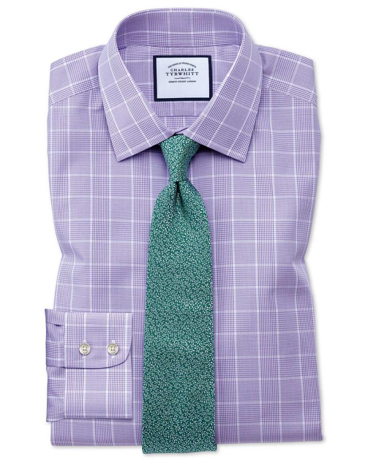  Slim Fit Non-iron Prince Of Wales Lilac Cotton Dress Shirt French Cuff Size 16/35 By Charles Tyrwhitt
