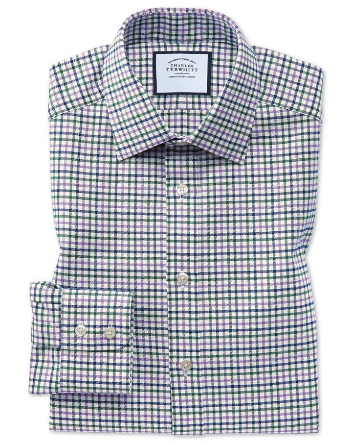  Slim Fit Purple And Green Country Check Cotton Dress Shirt Single Cuff Size 14.5/33 By Charles Tyrwhitt