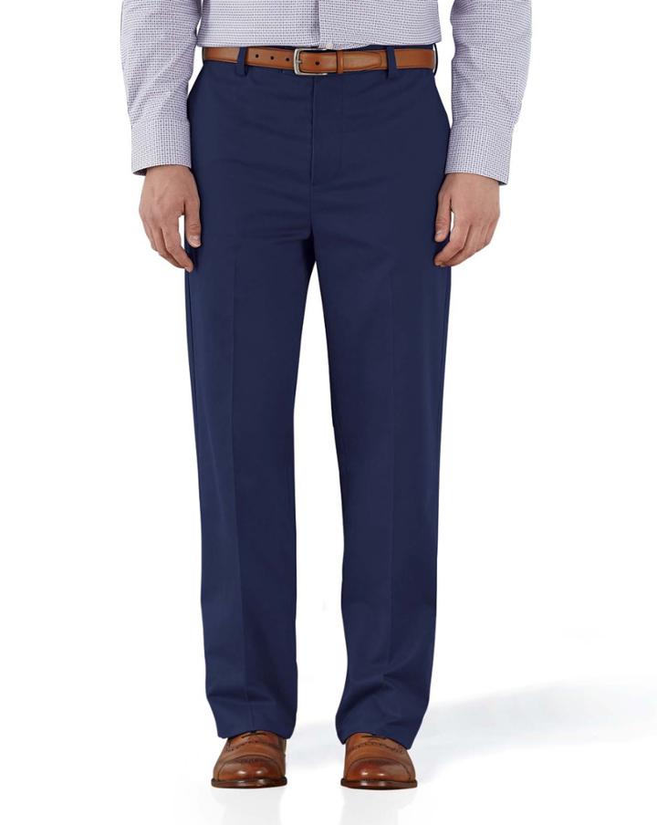  Marine Blue Classic Fit Flat Front Non-iron Cotton Chino Pants Size W34 L32 By Charles Tyrwhitt