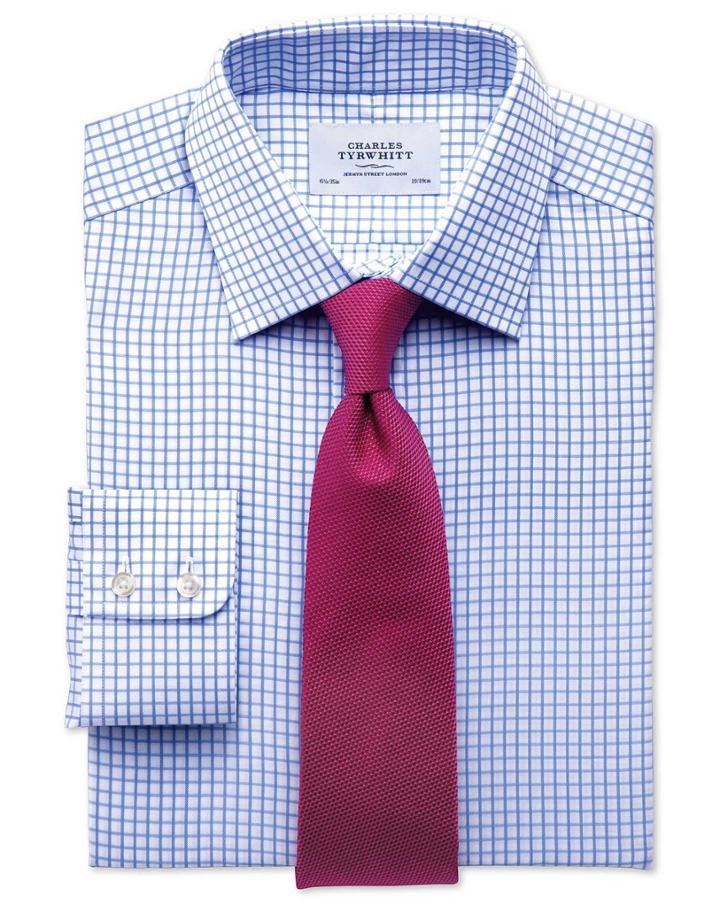  Slim Fit Twill Grid Check Sky Blue Cotton Dress Shirt Single Cuff Size 15/33 By Charles Tyrwhitt