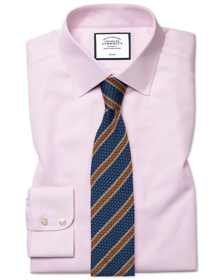  Classic Fit Non-iron Dash Weave Pink Cotton Dress Shirt Single Cuff Size 15/33 By Charles Tyrwhitt