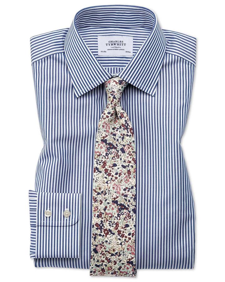 Charles Tyrwhitt Extra Slim Fit Bengal Stripe Navy Blue Cotton Dress Casual Shirt French Cuff Size 14.5/32 By Charles Tyrwhitt