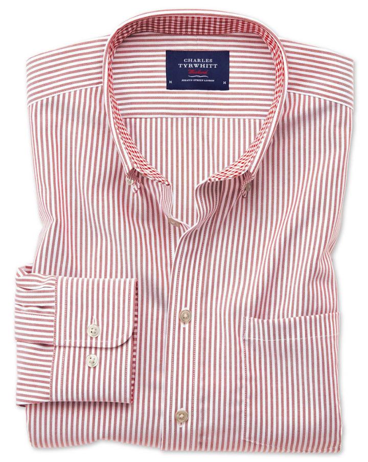 Charles Tyrwhitt Slim Fit Button-down Non-iron Oxford Bengal Stripe Rust Cotton Casual Shirt Single Cuff Size Medium By Charles Tyrwhitt