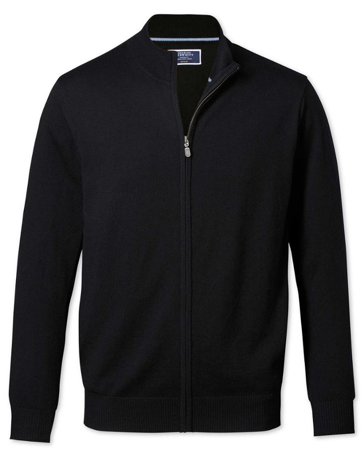  Black Merino Wool Zip Through Cardigan Size Large By Charles Tyrwhitt