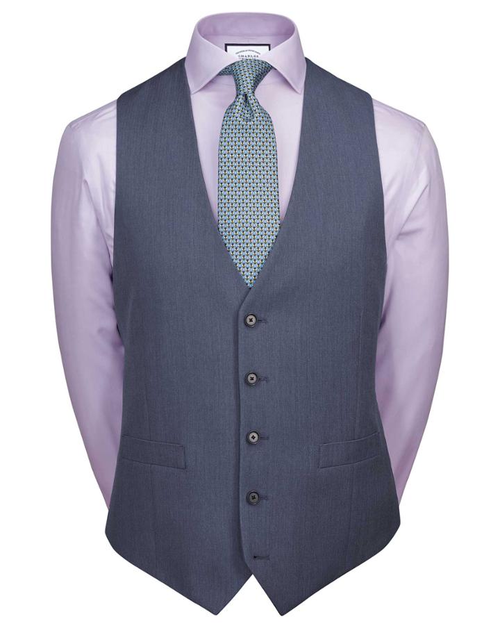  Light Blue Adjustable Fit Herringbone Business Suit Wool Vests Size W38 By Charles Tyrwhitt