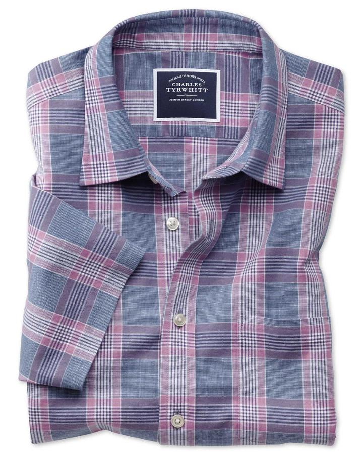Charles Tyrwhitt Classic Fit Cotton Linen Short Sleeve Blue And Purple Check Casual Shirt Single Cuff Size Medium By Charles Tyrwhitt