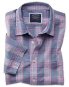 Charles Tyrwhitt Classic Fit Cotton Linen Short Sleeve Blue And Purple Check Casual Shirt Single Cuff Size Medium By Charles Tyrwhitt