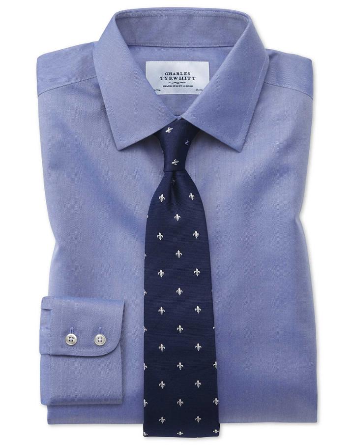  Extra Slim Fit Non-iron Twill Mid Blue Cotton Dress Shirt French Cuff Size 14.5/33 By Charles Tyrwhitt