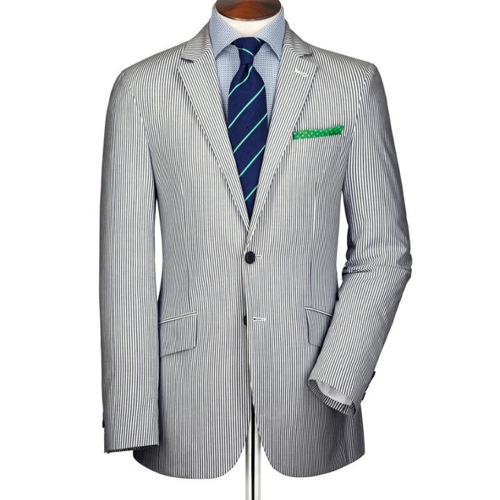 Charles Tyrwhitt Charles Tyrwhitt Blue And White Slim Fit Stripe Seersucker Cotton Jacket Size 38