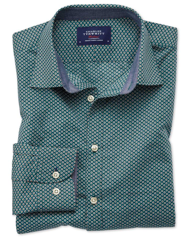 Charles Tyrwhitt Classic Fit Dark Green Spot Print Cotton Casual Shirt Single Cuff Size Small By Charles Tyrwhitt
