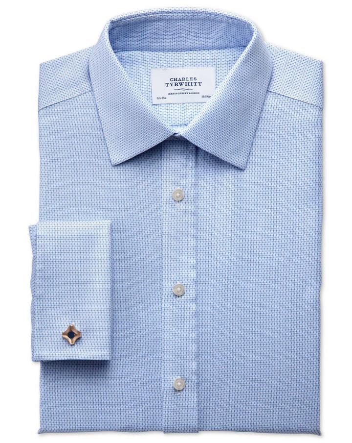  Slim Fit Non-iron Imperial Weave Sky Blue Cotton Dress Shirt French Cuff Size 15.5/33 By Charles Tyrwhitt