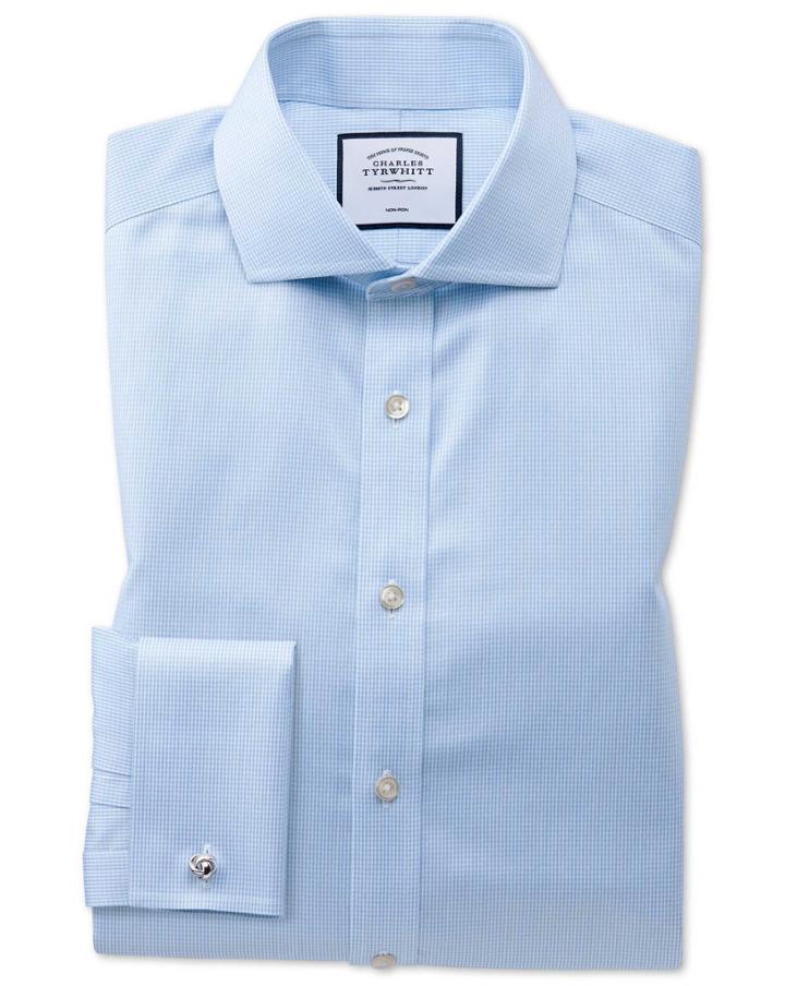  Slim Fit Spread Collar Non-iron Puppytooth Sky Blue Cotton Dress Shirt French Cuff Size 15/34 By Charles Tyrwhitt