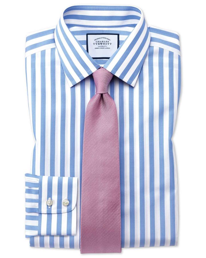 Charles Tyrwhitt Extra Slim Fit Non-iron Jermyn Street Stripes Sky Cotton Dress Shirt Single Cuff Size 14.5/32 By Charles Tyrwhitt