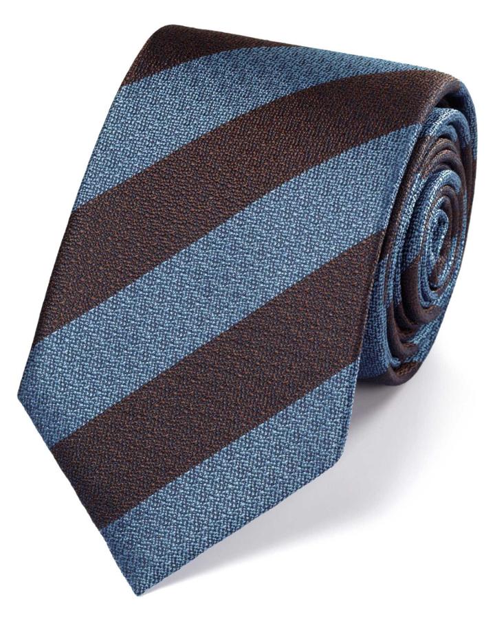 Charles Tyrwhitt Sky And Brown Silk Block Stripe Classic Tie By Charles Tyrwhitt