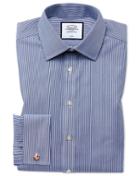  Slim Fit Non-iron Bengal Stripe Navy Cotton Dress Shirt Single Cuff Size 14.5/33 By Charles Tyrwhitt