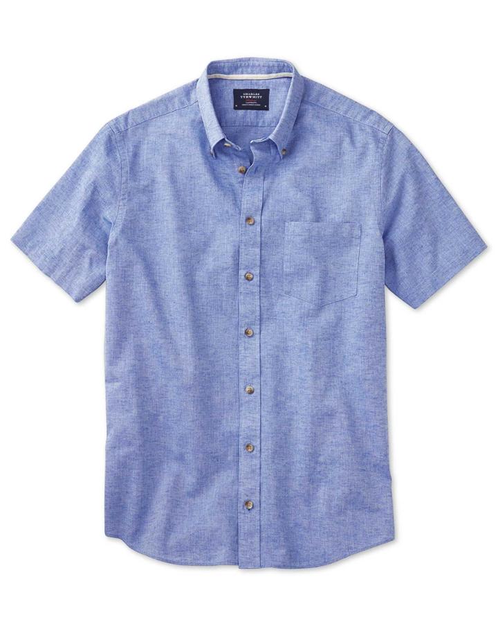 Charles Tyrwhitt Charles Tyrwhitt Classic Fit Short Sleeve Mid Blue Cotton Dress Shirt Size Large