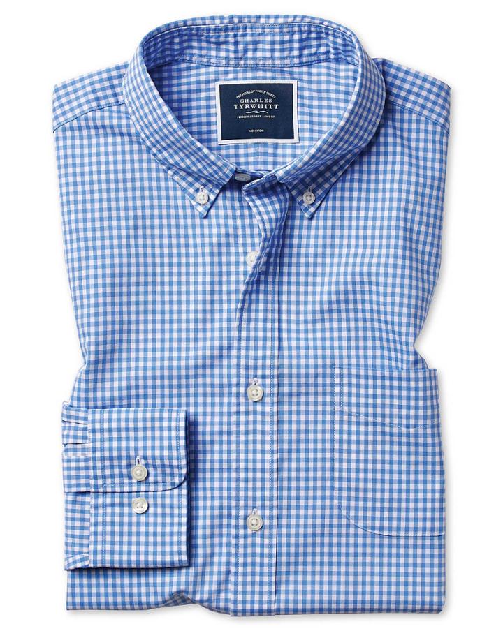 Classic Fit Sky Blue Check Gingham Soft Washed Non-iron Stretch Poplin Cotton Casual Shirt Single Cuff Size Large By Charles Tyrwhitt