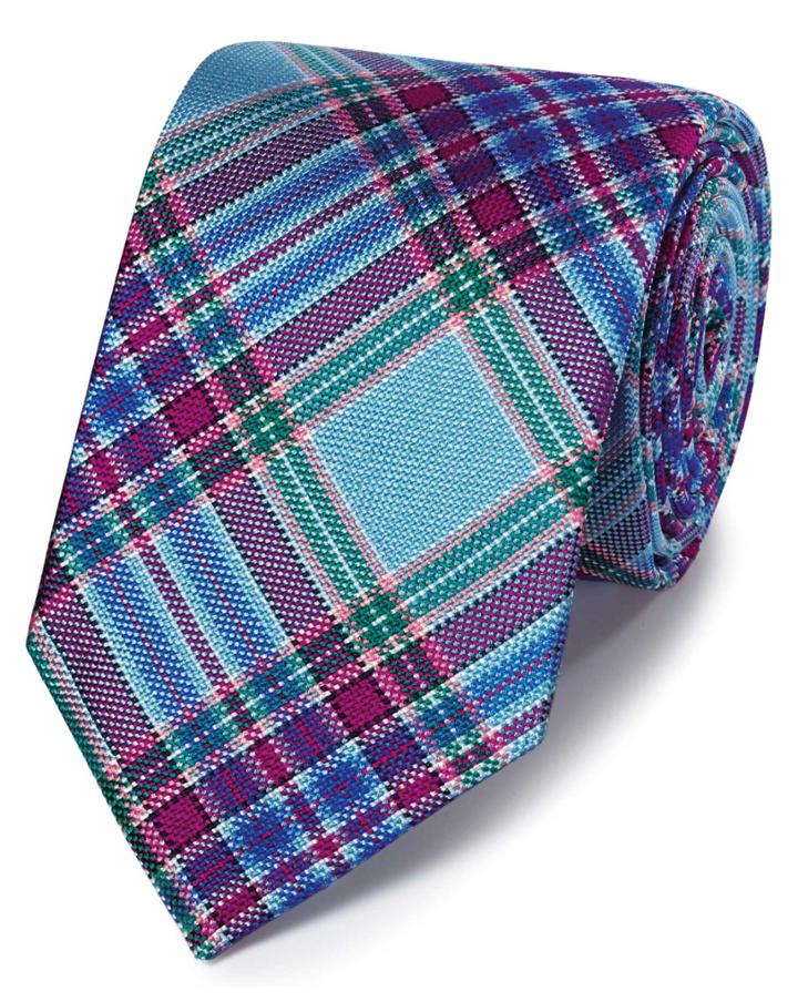  Blue And Coral Checkered Silk English Luxury Tie By Charles Tyrwhitt