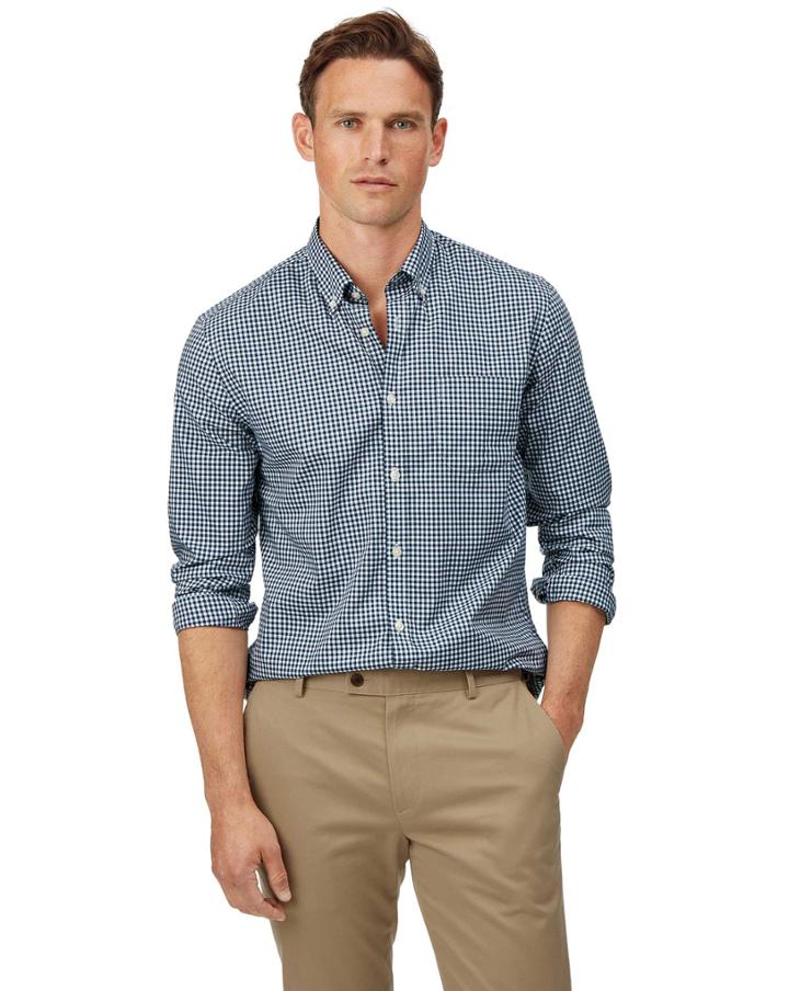  Extra Slim Fit Navy Check Gingham Soft Washed Non-iron Stretch Poplin Cotton Casual Shirt Single Cuff Size Small By Charles Tyrwhitt